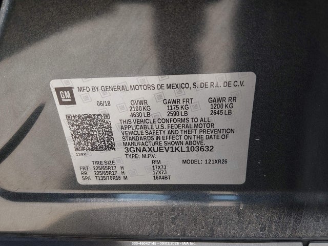 Продажа на аукционе авто 2019 Chevrolet Equinox Lt, vin: 3GNAXUEV1KL103632, номер лота: 46042145
