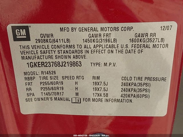 Продажа на аукционе авто 2008 Gmc Acadia Slt-1, vin: 1GKER23768J219863, номер лота: 46042159