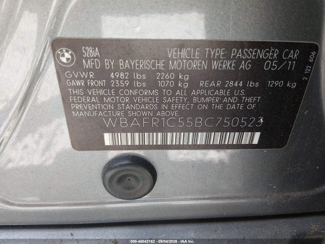 Aukcja sprzedaży 2011 Bmw 528i, vin: WBAFR1C55BC750523, numer aukcji: 46042162