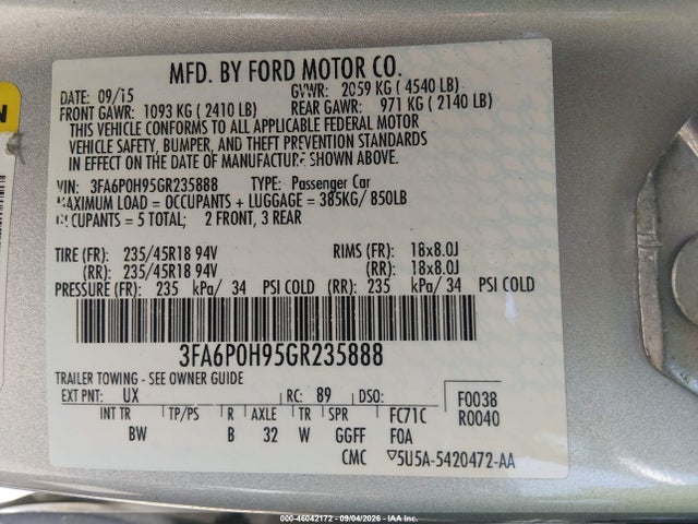 Продажа на аукционе авто 2016 Ford Fusion Se, vin: 3FA6P0H95GR235888, номер лота: 46042172