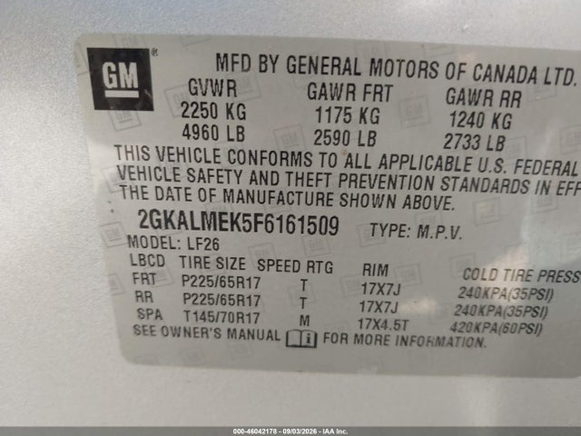 46042178 :رقم المزاد ، 2GKALMEK5F6161509 vin ، 2015 Gmc Terrain Sle-1 مزاد بيع