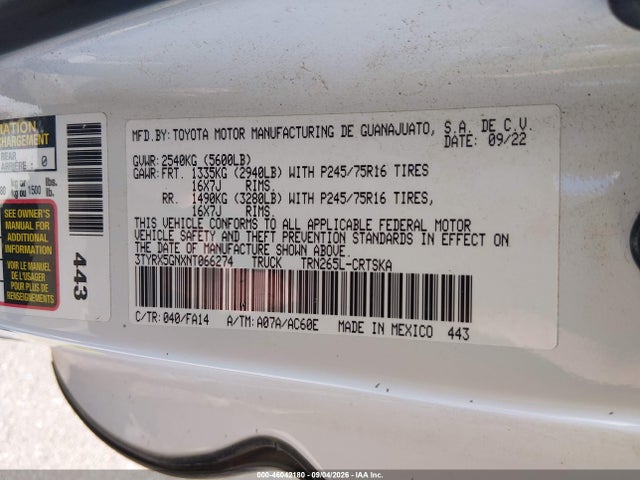 Auction sale of the 2022 Toyota Tacoma Sr, vin: 3TYRX5GNXNT066274, lot number: 46042180