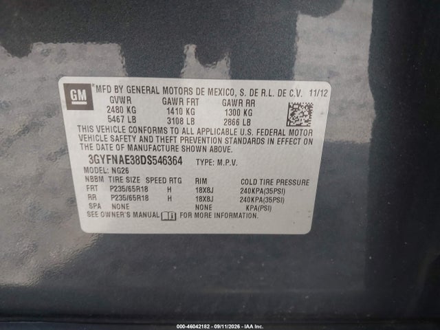 2013 Cadillac Srx Standard მანქანა იყიდება აუქციონზე, vin: 3GYFNAE38DS546364, აუქციონის ნომერი: 46042182