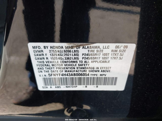 Продажа на аукционе авто 2010 Honda Pilot Ex, vin: 5FNYF4H43AB006054, номер лота: 46042189