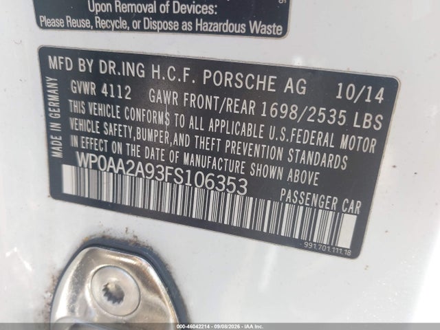 Auction sale of the 2015 Porsche 911 Carrera/carrera 4, vin: WP0AA2A93FS106353, lot number: 46042214