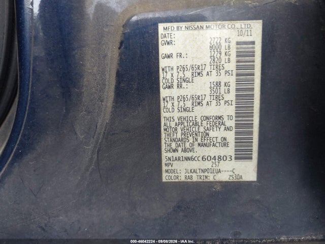 Продажа на аукционе авто 2012 Nissan Pathfinder Sv, vin: 5N1AR1NN6CC604803, номер лота: 46042224