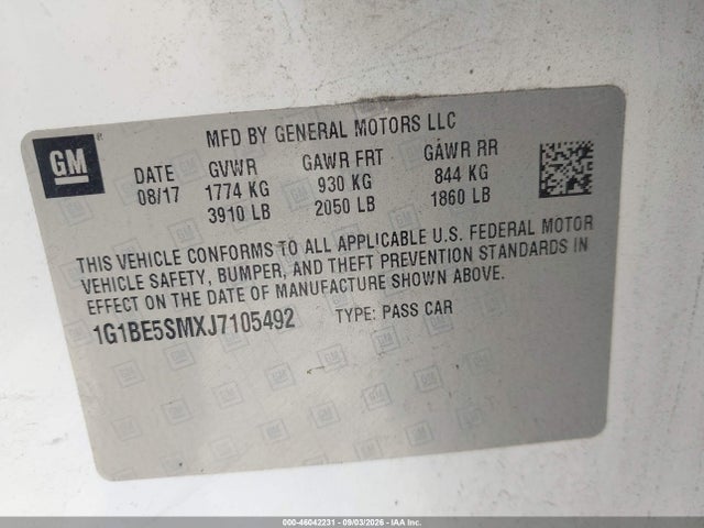 2018 Chevrolet Cruze Lt Auto მანქანა იყიდება აუქციონზე, vin: 1G1BE5SMXJ7105492, აუქციონის ნომერი: 46042231