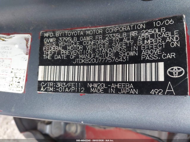Продажа на аукционе авто 2007 Toyota Prius Touring, vin: JTDKB20U777576431, номер лота: 46042245