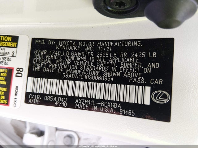 2025 Lexus Es 300h მანქანა იყიდება აუქციონზე, vin: 58ADA1C10SU060854, აუქციონის ნომერი: 46042255