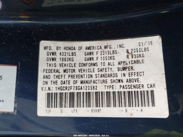 2016 Honda Accord Ex მანქანა იყიდება აუქციონზე, vin: 1HGCR2F79GA120582, აუქციონის ნომერი: 46042264