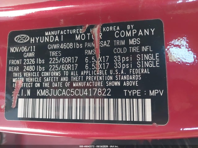 Aukcja sprzedaży 2012 Hyundai Tucson Gls, vin: KM8JUCAC5CU417822, numer aukcji: 46042272