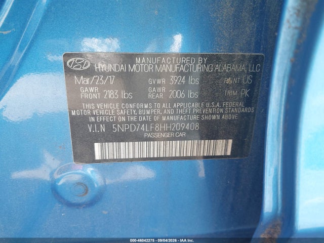 46042275 :رقم المزاد ، 5NPD74LF8HH209408 vin ، 2017 Hyundai Elantra Se مزاد بيع