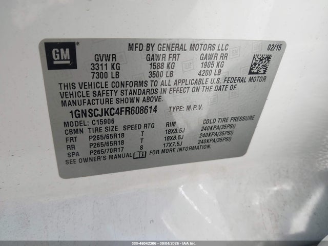 46042306 :رقم المزاد ، 1GNSCJKC4FR608614 vin ، 2015 Chevrolet Suburban 1500 Lt مزاد بيع