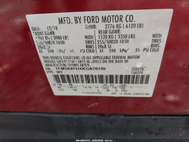 46042312 :رقم المزاد ، 1FM5K8FHXKGA70350 vin ، 2019 Ford Explorer Limited مزاد بيع