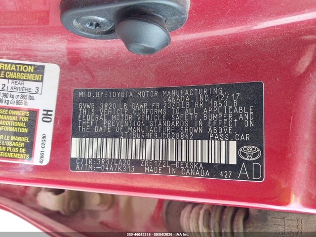 46042316 :رقم المزاد ، 2T1BURHE9JC028842 vin ، 2018 Toyota Corolla Xse مزاد بيع