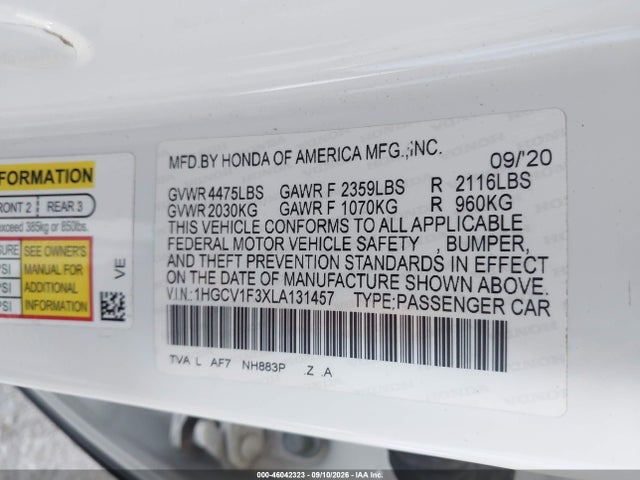 Aukcja sprzedaży 2020 Honda Accord Sport, vin: 1HGCV1F3XLA131457, numer aukcji: 46042323