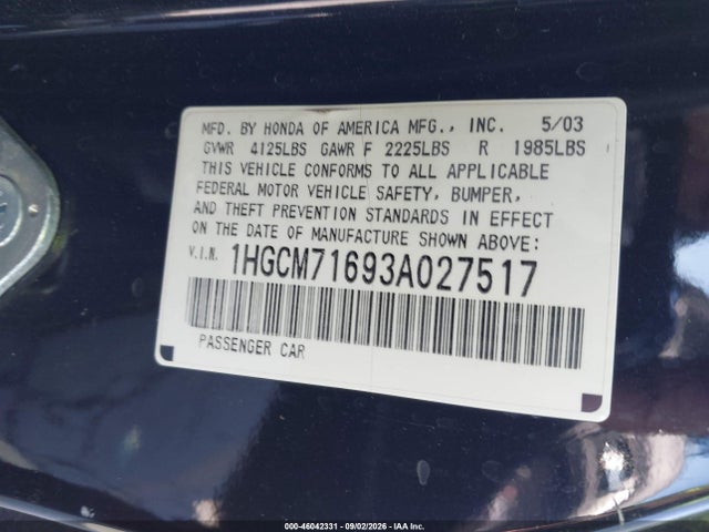 46042331 :رقم المزاد ، 1HGCM71693A027517 vin ، 2003 Honda Accord 2.4 Ex مزاد بيع