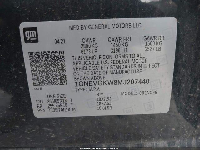 46042342 :رقم المزاد ، 1GNEVGKW8MJ207440 vin ، 2021 Chevrolet Traverse Awd Lt Cloth مزاد بيع