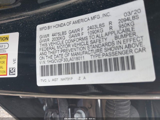 2020 Honda Accord Sport 2.0t მანქანა იყიდება აუქციონზე, vin: 1HGCV2F30LA018011, აუქციონის ნომერი: 46042353