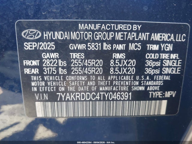 Aukcja sprzedaży 2026 Hyundai Ioniq 5 Limited, vin: 7YAKRDDC4TY046391, numer aukcji: 46042364