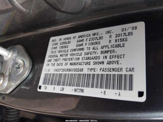 46042387 :رقم المزاد ، 1HGCP26499A100248 vin ، 2009 Honda Accord 2.4 Lx-p مزاد بيع