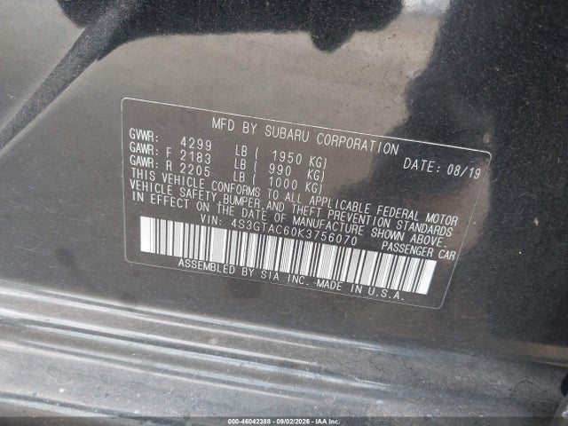 46042388 :رقم المزاد ، 4S3GTAC60K3756070 vin ، 2019 Subaru Impreza 2.0i Premium مزاد بيع