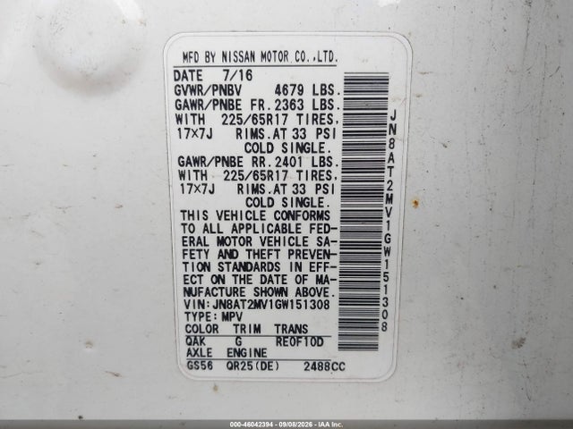 Продажа на аукционе авто 2016 Nissan Rogue S, vin: JN8AT2MV1GW151308, номер лота: 46042394