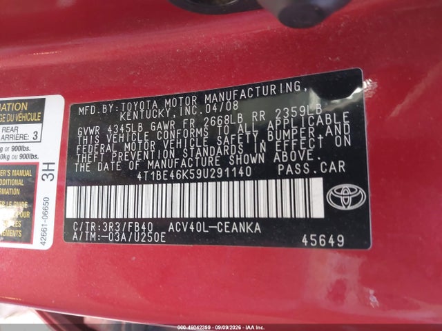 46042399 :رقم المزاد ، 4T1BE46K59U291140 vin ، 2009 Toyota Camry Le مزاد بيع