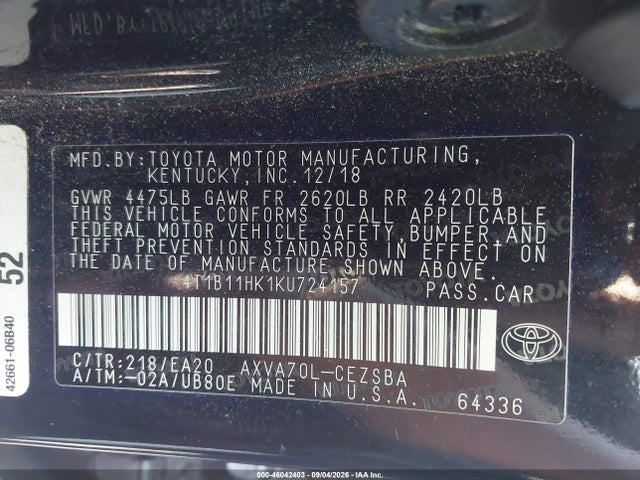 46042403 :رقم المزاد ، 4T1B11HK1KU724157 vin ، 2019 Toyota Camry Se مزاد بيع
