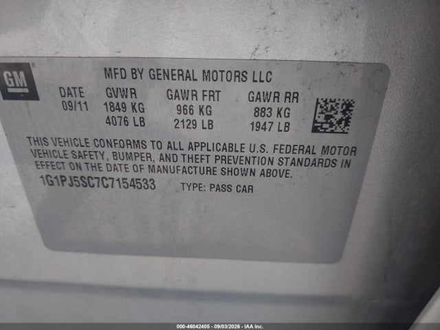 Aukcja sprzedaży 2012 Chevrolet Cruze Eco, vin: 1G1PJ5SC7C7154533, numer aukcji: 46042405