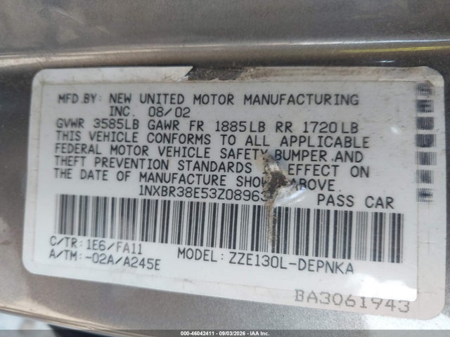 Продаж на аукціоні авто 2003 Toyota Corolla Le, vin: 1NXBR38E53Z089637, номер лоту: 46042411