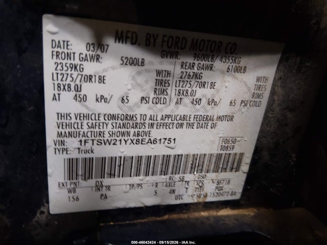 46042424 :رقم المزاد ، 1FTSW21YX8EA61751 vin ، 2008 Ford F-250 Fx4/harley-davidson/king Ranch/lariat/xl/xlt مزاد بيع