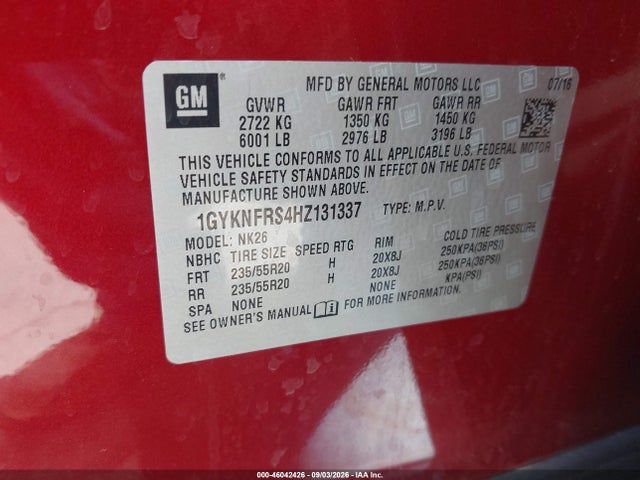 46042426 :رقم المزاد ، 1GYKNFRS4HZ131337 vin ، 2017 Cadillac Xt5 Platinum مزاد بيع