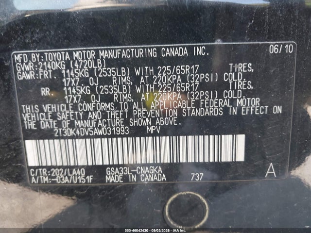 46042430 :رقم المزاد ، 2T3DK4DV5AW031993 vin ، 2010 Toyota Rav4 Limited V6 مزاد بيع