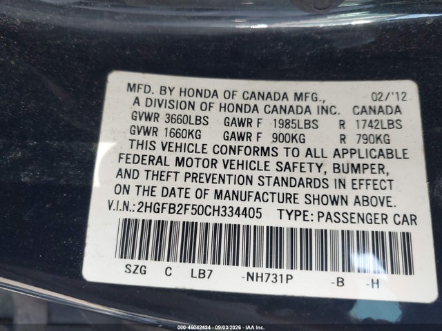 2012 Honda Civic Lx მანქანა იყიდება აუქციონზე, vin: 2HGFB2F50CH334405, აუქციონის ნომერი: 46042434