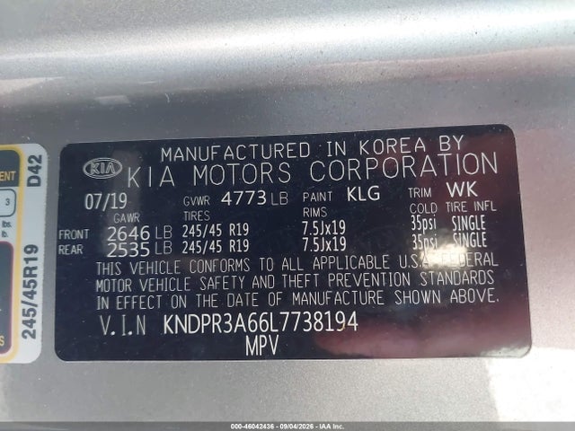 2020 Kia Sportage Sx Turbo მანქანა იყიდება აუქციონზე, vin: KNDPR3A66L7738194, აუქციონის ნომერი: 46042436