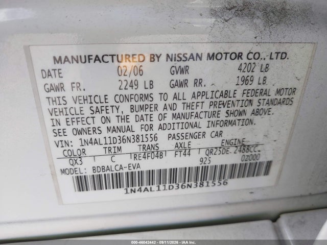 46042442 :رقم المزاد ، 1N4AL11D36N381556 vin ، 2006 Nissan Altima 2.5 S مزاد بيع