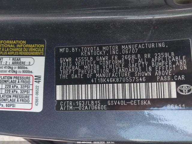 Продаж на аукціоні авто 2007 Toyota Camry Se V6, vin: 4T1BK46K87U557546, номер лоту: 46042446