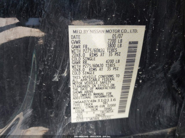 Aukcja sprzedaży 2008 Nissan Titan Xe/se/le/pro-4x, vin: 1N6AA07C48N310116, numer aukcji: 46042449