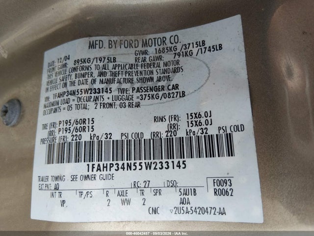 46042457 :رقم المزاد ، 1FAHP34N55W233145 vin ، 2005 Ford Focus Zx4 مزاد بيع