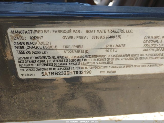 Продаж на аукціоні авто 2017 Boat Mate Sho85, vin: 5A7BB2326HT003190, номер лоту: 46042461