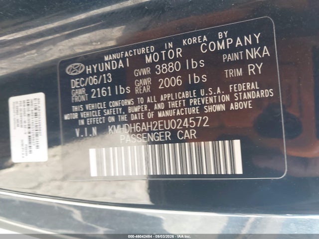 46042484 :رقم المزاد ، KMHDH6AH2EU024572 vin ، 2014 Hyundai Elantra مزاد بيع