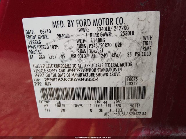 Продажа на аукционе авто 2010 Ford Edge Limited, vin: 2FMDK3KC6ABB68354, номер лота: 46042485