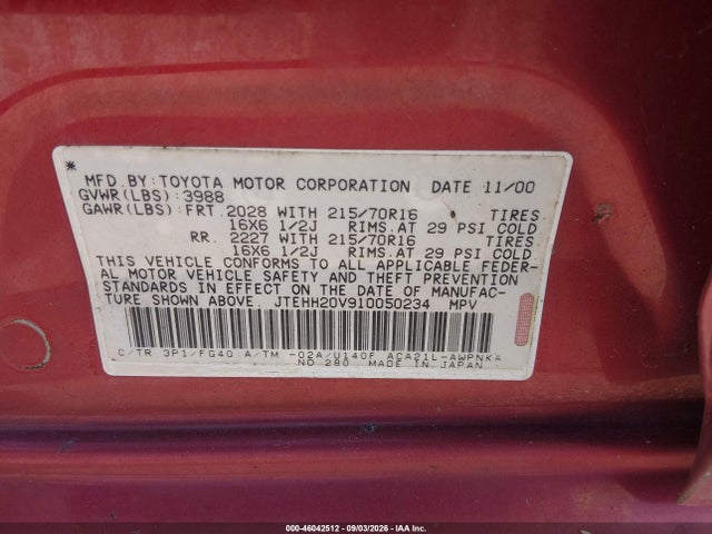 Продажа на аукционе авто 2001 Toyota Rav4, vin: JTEHH20V910050234, номер лота: 46042512