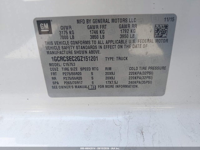46042514 :رقم المزاد ، 1GCRCSEC2GZ151201 vin ، 2016 Chevrolet Silverado 1500 Ltz مزاد بيع