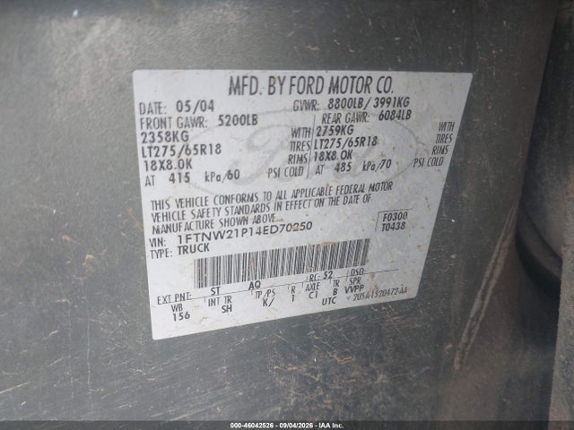 2004 Ford F-250 მანქანა იყიდება აუქციონზე, vin: 1FTNW21P14ED70250, აუქციონის ნომერი: 46042526
