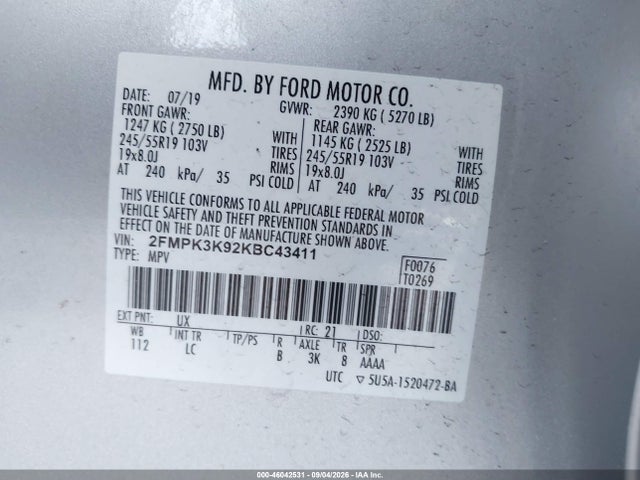 46042531 :رقم المزاد ، 2FMPK3K92KBC43411 vin ، 2019 Ford Edge Titanium مزاد بيع