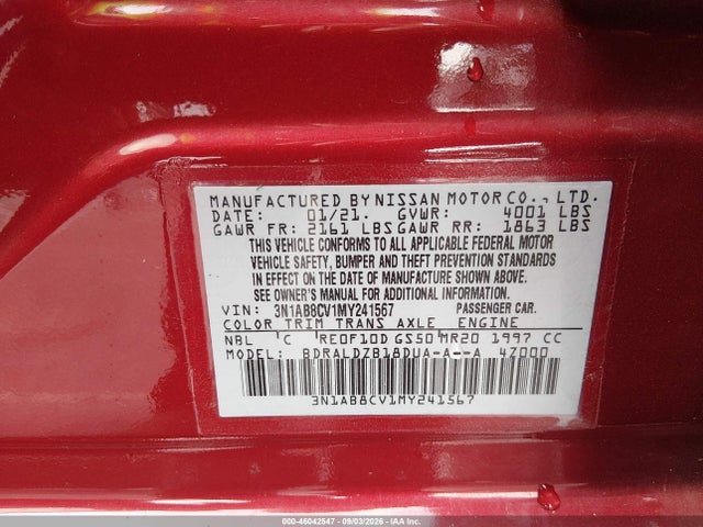 Продаж на аукціоні авто 2021 Nissan Sentra Sv Xtronic Cvt, vin: 3N1AB8CV1MY241567, номер лоту: 46042547