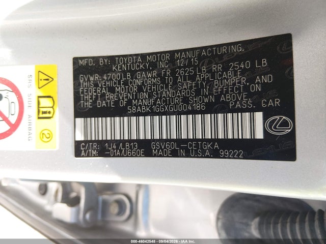 Aukcja sprzedaży 2016 Lexus Es 350, vin: 58ABK1GGXGU004186, numer aukcji: 46042548