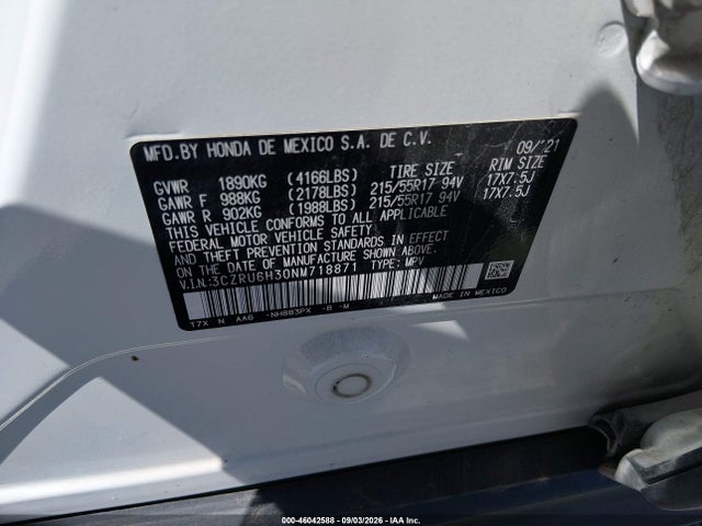 Продаж на аукціоні авто 2022 Honda Hr-v Awd Lx, vin: 3CZRU6H30NM718871, номер лоту: 46042588